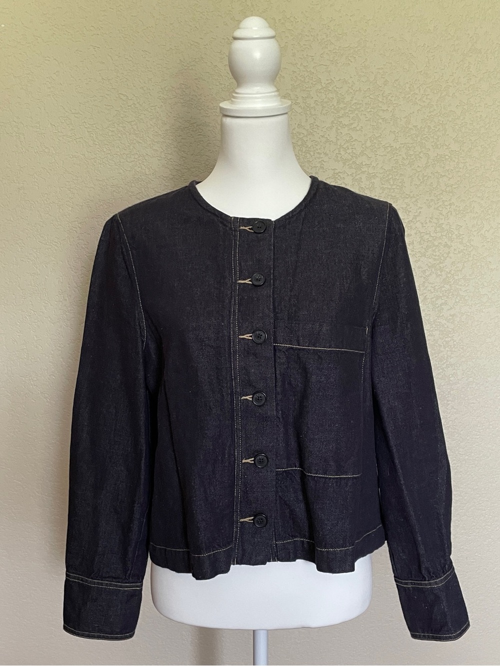 WRAP London Denim Blouse Jacket Linen Blend Dark Blue One Pocket Sz 8 Long Sleev